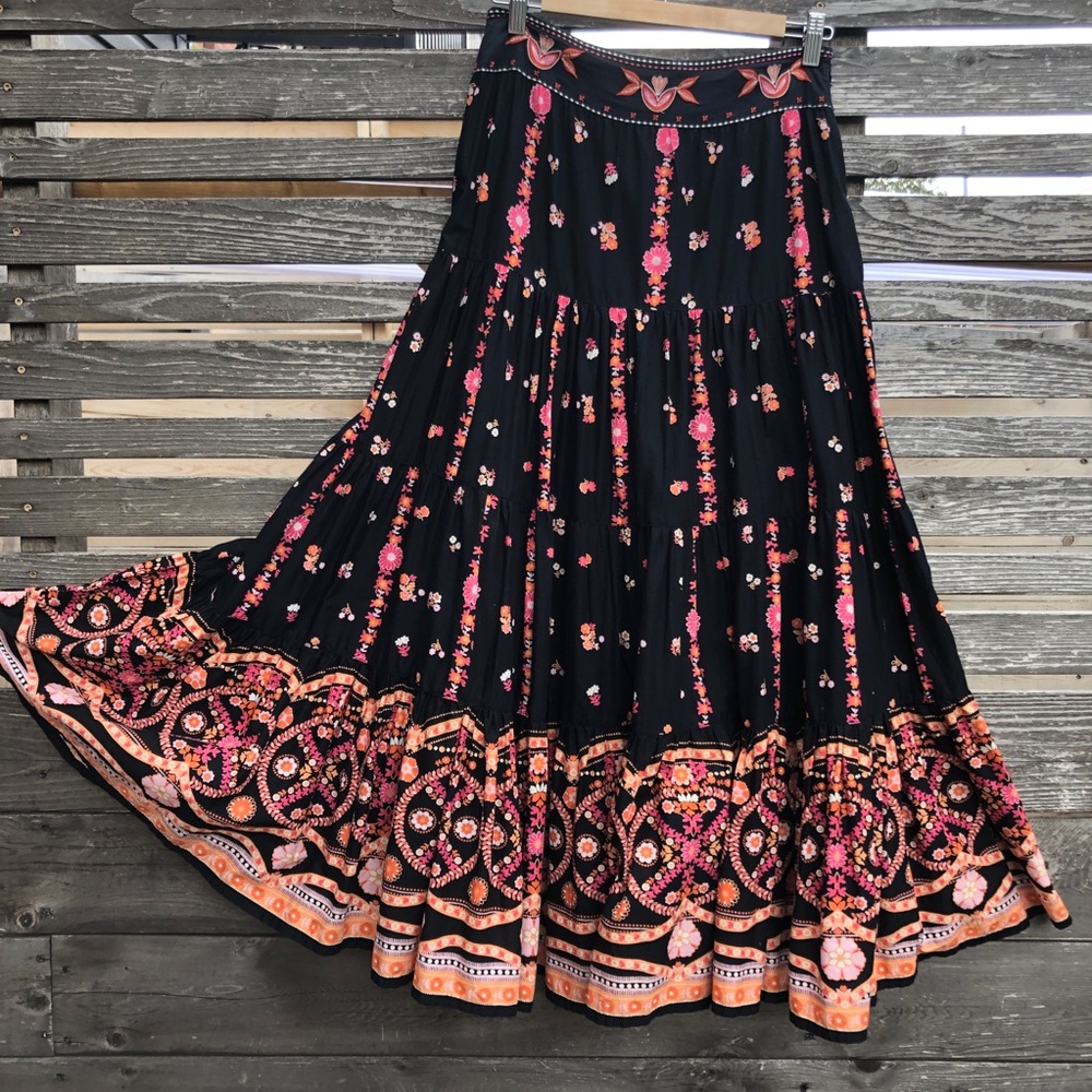 Y2K Vintage Embroidered Tiered Peasant Maxi Skirt Whimsigoth Fairycore Bohemian